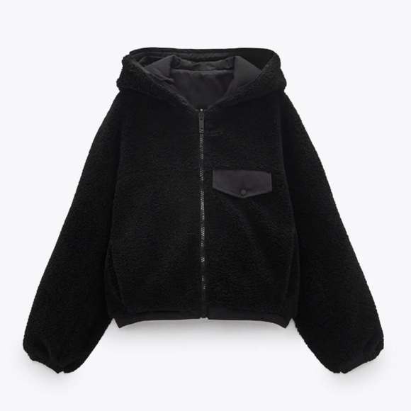 Zara women’s sherpa teddy reversible hooded bomber jacket black size large - Picture 2 of 9